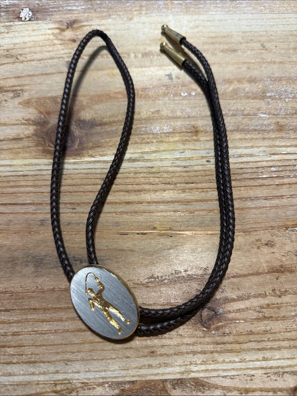 Vintage Brown Leather Rope Silver Gold Tone Fisherman Western Bolo Tie